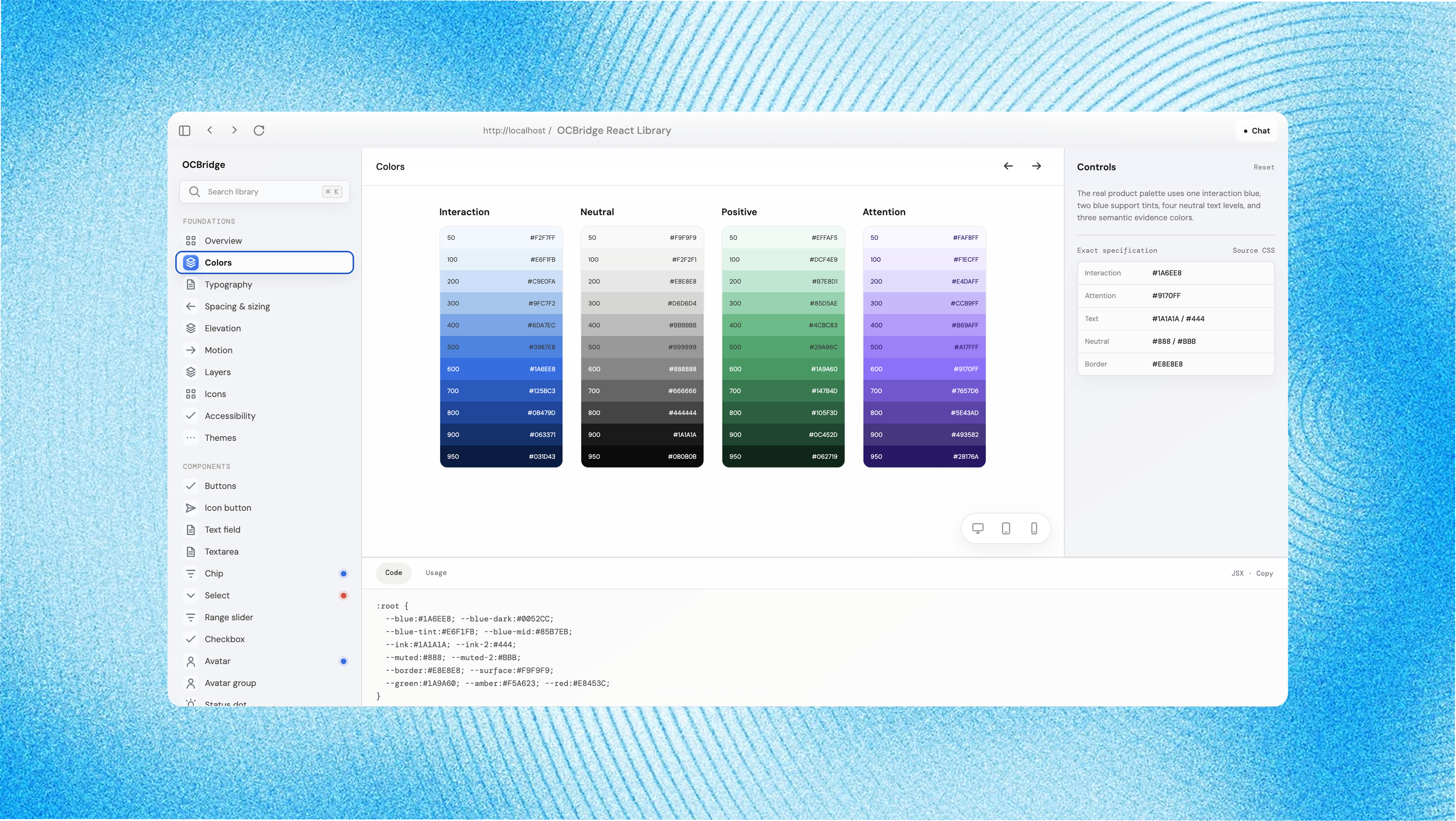 OCBridge React design system showing semantic color foundations and component controls